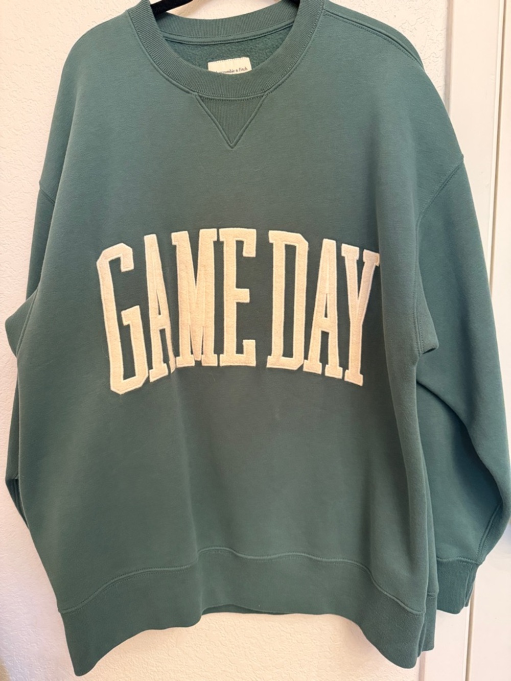 Abercrombie & Fitch Green Crewneck with Cream GAME DAY